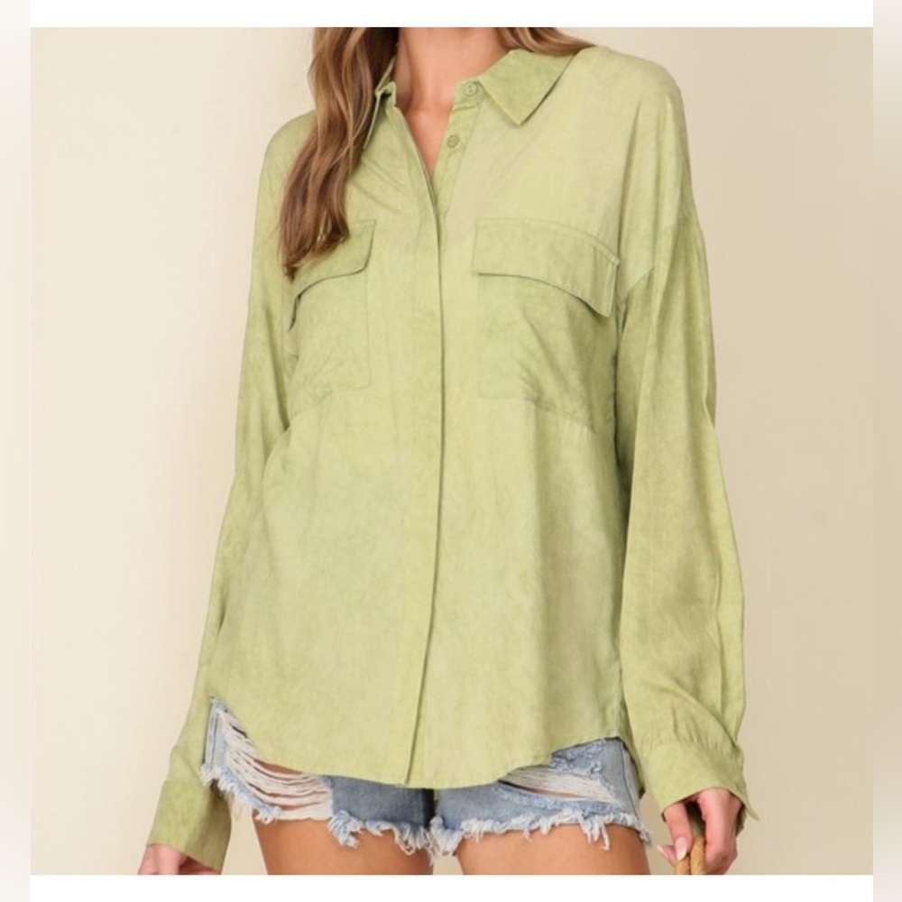Lumiere Long Sleeve Soft Green Button Down Top
